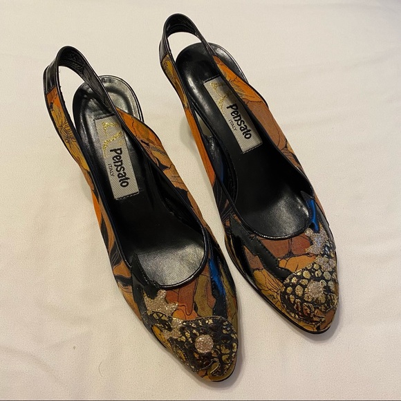 Fernando Pensato Vintage Slingback Wedge 6.5 Floral Polar Bear Gold Design - Picture 1 of 6